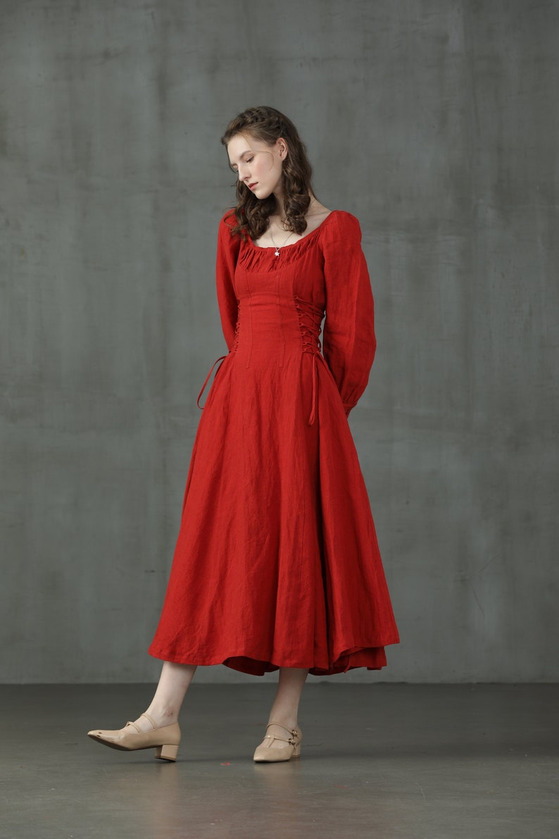 maxi red linen dress, lacing up linen dress, maxi linen dress, cocktail dress, flared evening dress Linennaive image 10