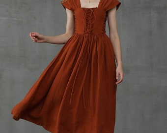 Linen Formal Dress, Corset Linen Dress in Dark Burnt Orange, Front Lace-up Dress, Mid calf Dress, Cocktail Dress | Linennaive