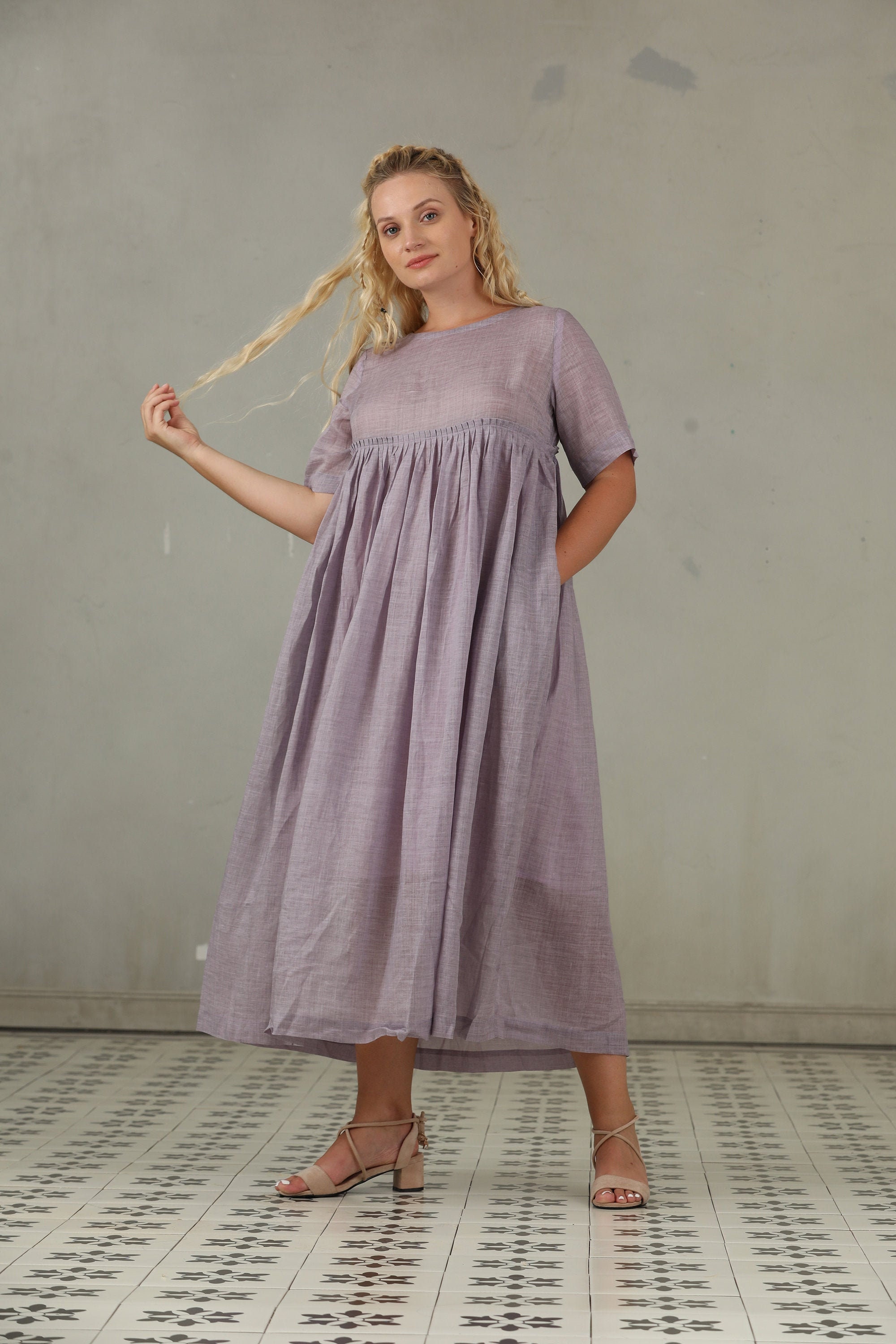 Plus Curve Linen Dress empired linen dress soft lilac dress | Etsy