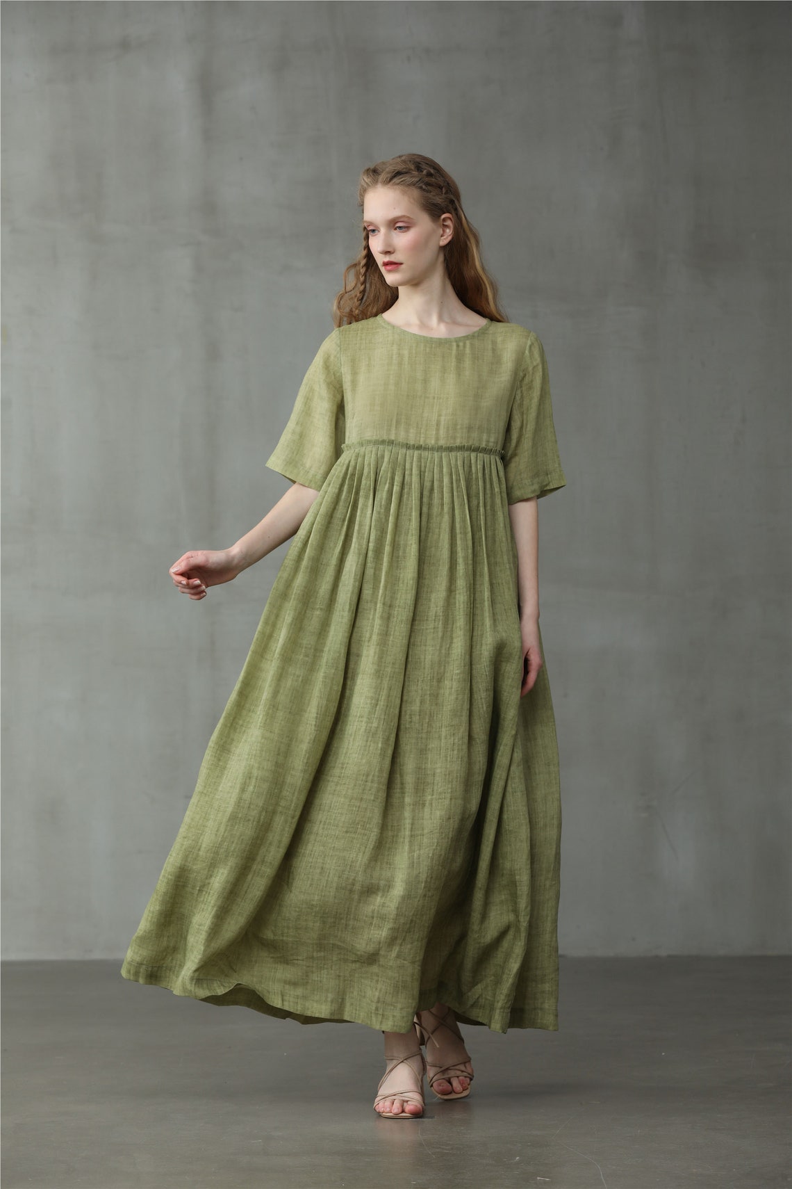 Empired linen dress soft olive pintucked dress maxi dress | Etsy