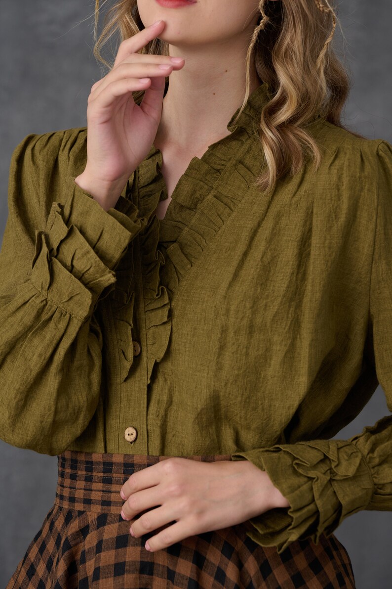 Ruffled Linen Blouse in Olive Victorian Blouse Vintage Linen Etsy
