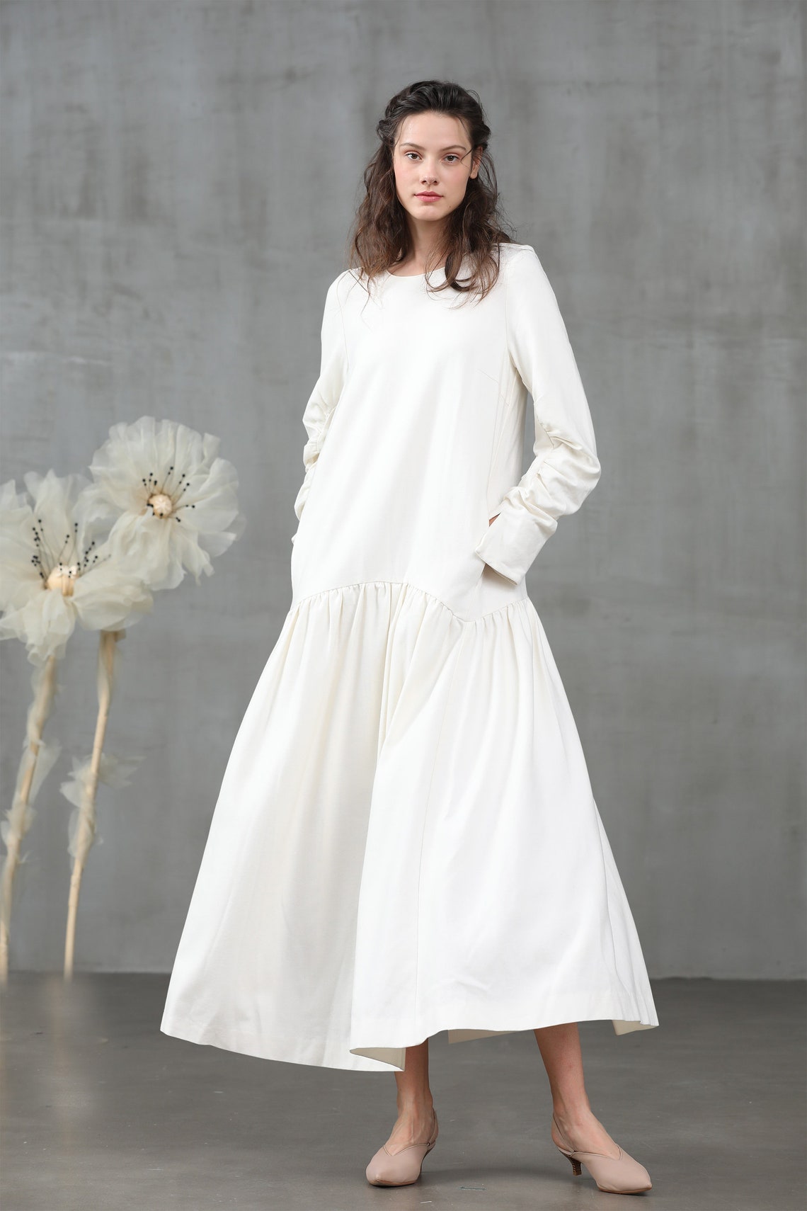 White wool dress maxi wool dress winter dress ruffle wool Etsy