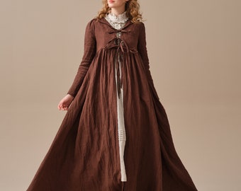 Winter linen coat in Brown, maxi coat, tied linen jacket coat, vintage coat dress, little women coat | Linennaive