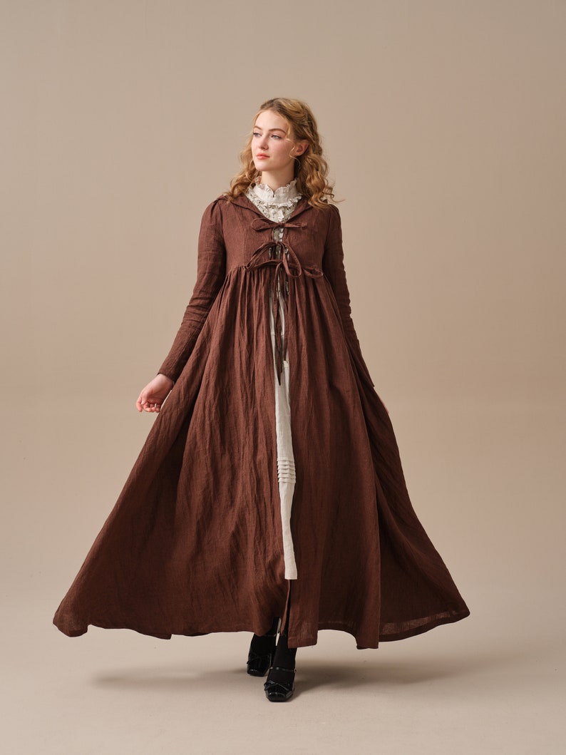 Winter linen coat in Brown, maxi coat, tied linen jacket coat, vintage coat dress, little women coat Linennaive image 1