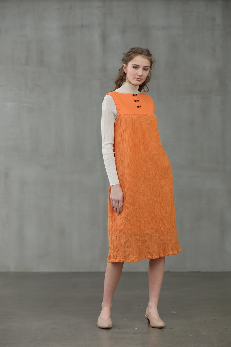 linen dress in orange, linen jumper, square sleeveless dress Linennaive image 7