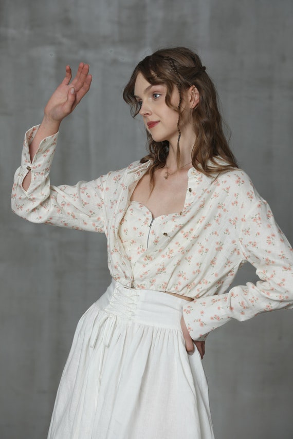 Floral Linen Corset Cardigan, Mock Two Piece Shirt, Fairy Floral Linen Shirt, Floral Cropped Shirt, Sweetheart Neck Blouse | Linennaive