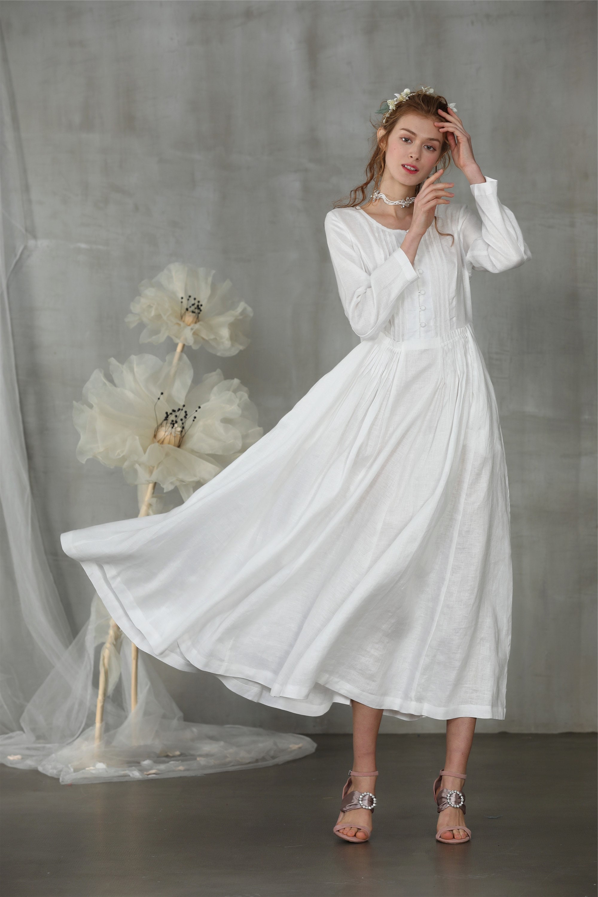 White Dress Linen Dress Maxi Dress Longsleeve Dress Etsy Australia