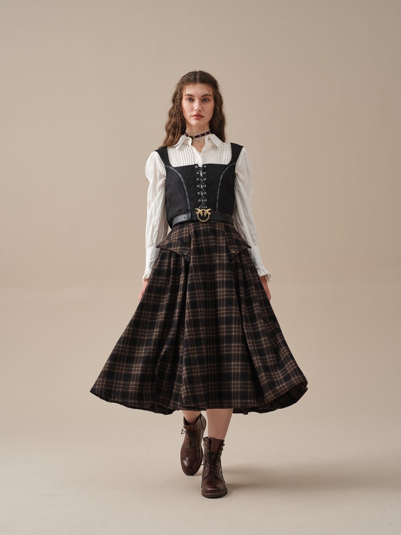 Retro Plaid Midi Wool Skirt, Brown wool skirt, vintage wool skirt, elegant skirt, pockets wool skirt, Handmade skirts Linennaive image 2
