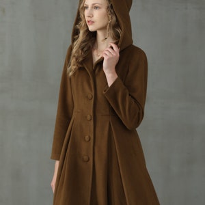 hooded maxi wool coat, retro hooded wool coat, maxi camel coat, wool coat, vintage coat, winter coat, fit and flare coat image 2