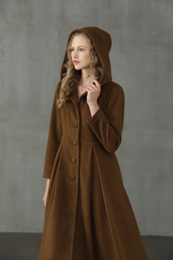 Hooded Maxi Wool Coat, Retro Hooded Wool Coat, Maxi Camel Hooded Maxi Wool Coat, Retro Hooded Wool Coat, Maxi Camel
