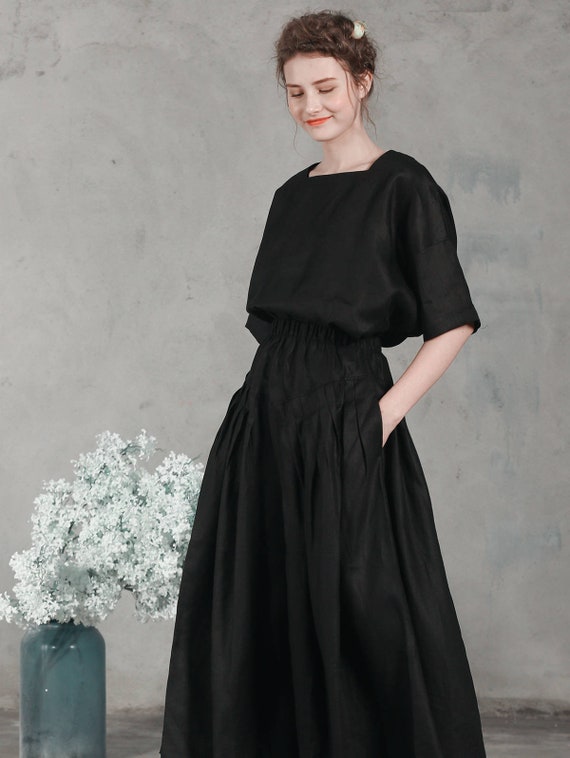 Black linen kimono shirt blouse square neck linen tunic | Etsy