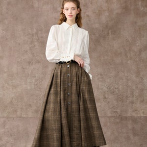 Retro Plaid Midi Wool Skirt, brown wool skirt, Button front Midi Skirt, Pleat Skirt, pockets skirts, Plus Size Skirt Linennaive image 3