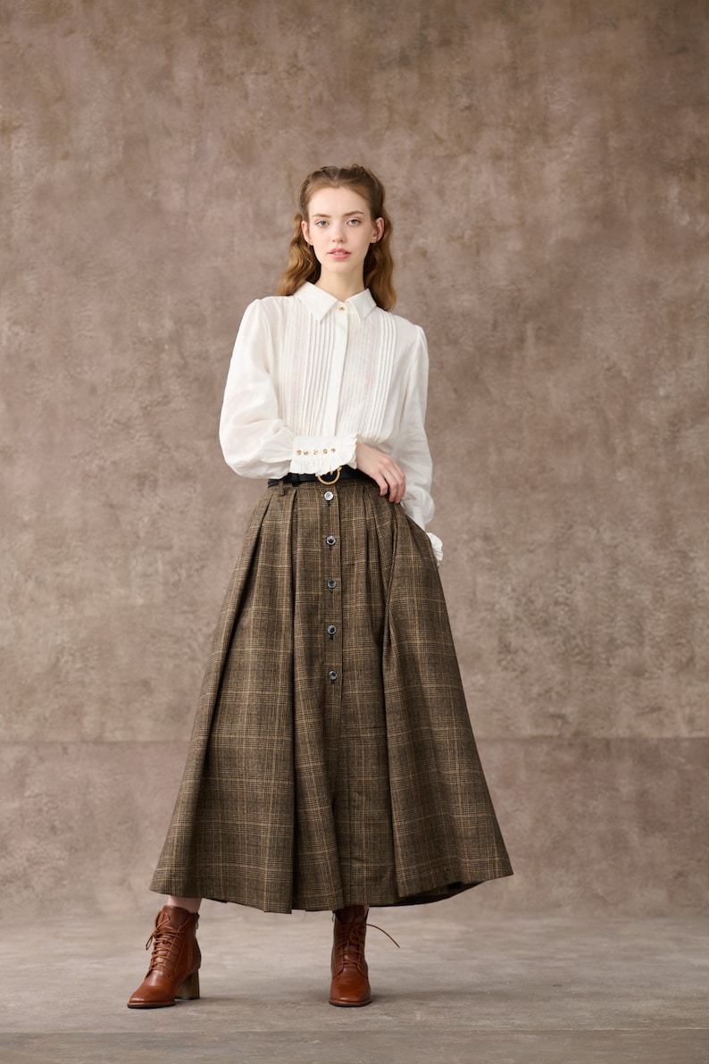 Retro Plaid Midi Wool Skirt, brown wool skirt, Button front Midi Skirt, Pleat Skirt, pockets skirts, Plus Size Skirt Linennaive image 3