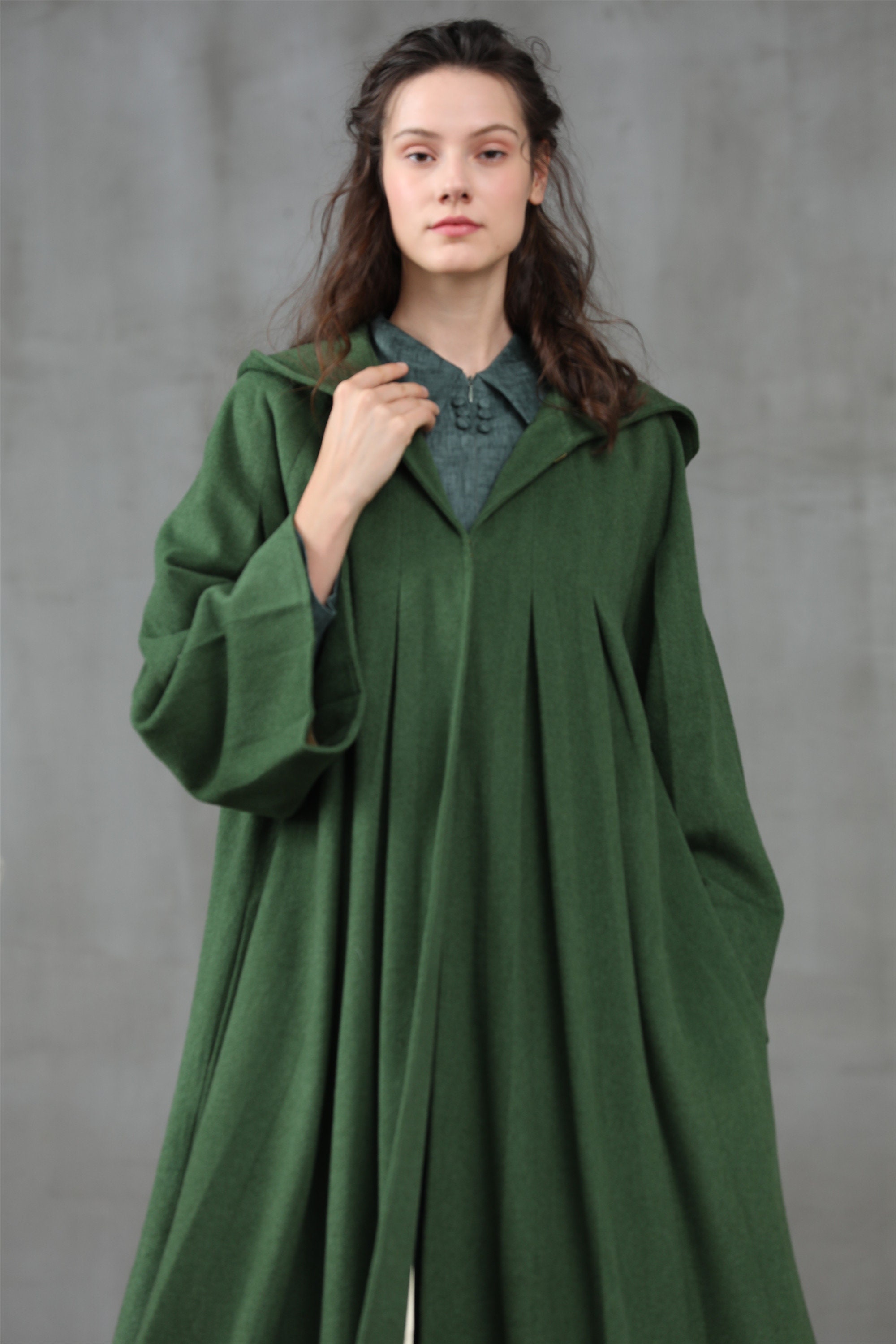 Green wool coat cashmere coat hooded coat winter coat | Etsy