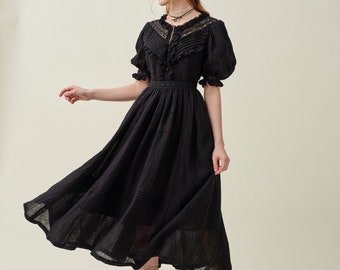 Ruffled linen dress in black, victorian dress, vintage dress, elegant dress, summer dress, evening dress | Linennaive