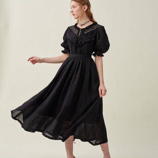 Ruffled linen dress in black, victorian dress, vintage dress, elegant dress, summer dress, evening dress | Linennaive
