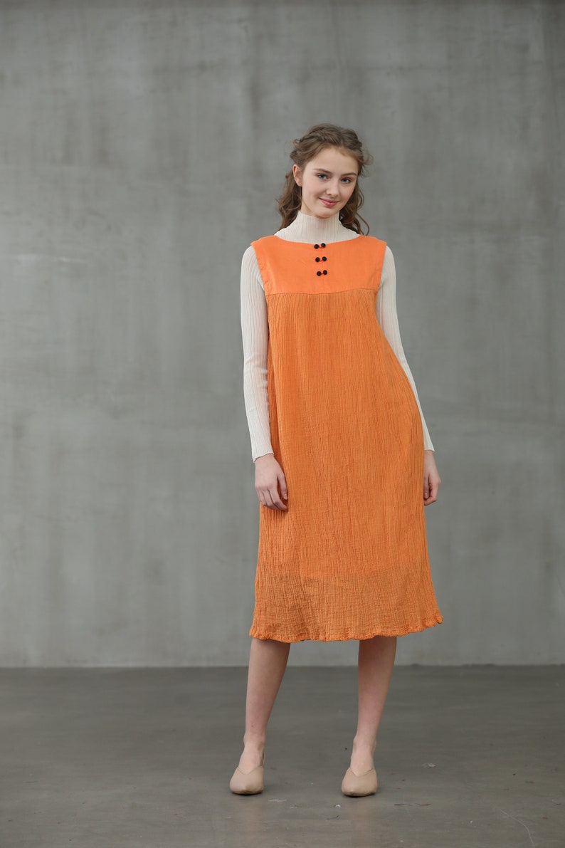 linen dress in orange, linen jumper, square sleeveless dress Linennaive image 5