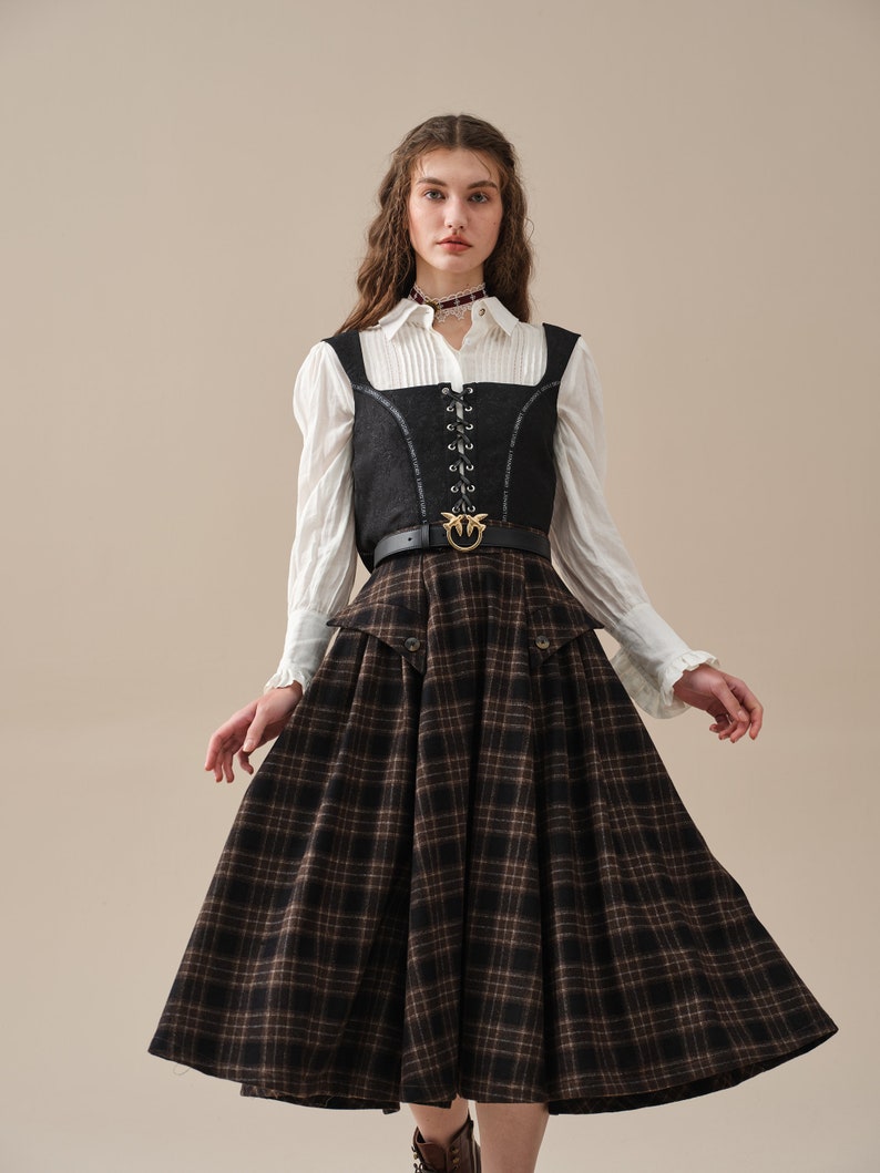 Retro Plaid Midi Wool Skirt, Brown wool skirt, vintage wool skirt, elegant skirt, pockets wool skirt, Handmade skirts Linennaive image 1