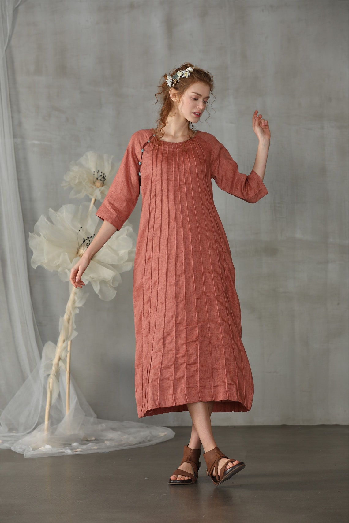 Linen dress tunic dress coral dress linen tunic dress | Etsy
