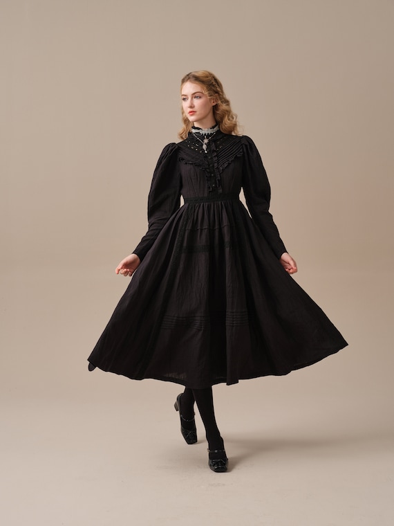 Ruffled Linen Dress in Black, Victorian Dress, Vintage Dress Ruffled Linen Dress in Black, Victorian Dress, Vintage Dress