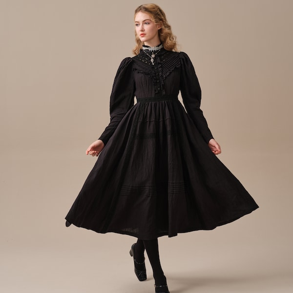 ruffled linen dress in black, victorian dress, vintage dress, elegant dress, long sleeved dress | Linennaive