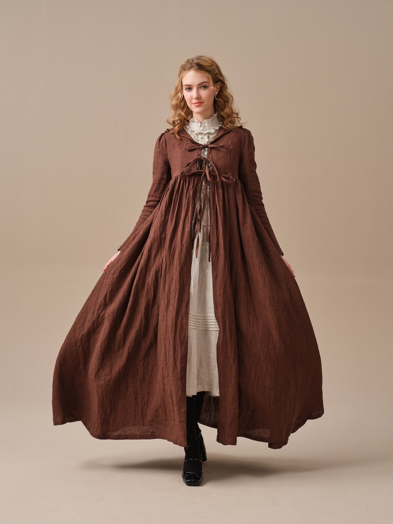 Winter linen coat in Brown, maxi coat, tied linen jacket coat, vintage coat dress, little women coat Linennaive image 2