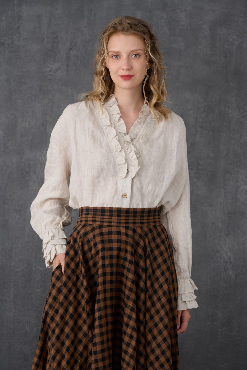 Ruffled Linen Blouse in Beige Victorian Blouse Vintage Linen Etsy