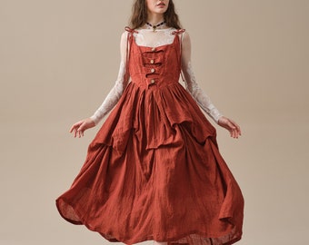 Corset Linen dress in Red, midi dress, Rococo dress, party dress, elegant dress, evening dress | Linennaive