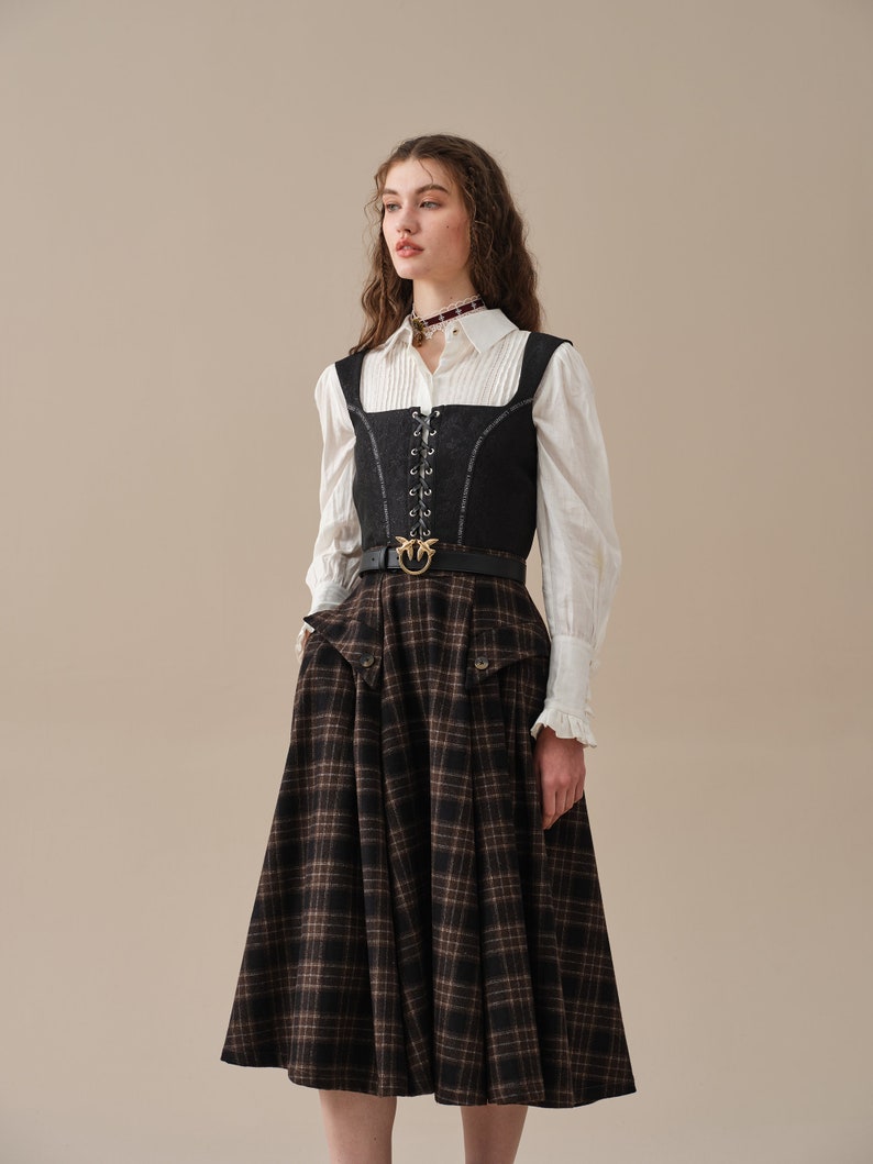 Retro Plaid Midi Wool Skirt, Brown wool skirt, vintage wool skirt, elegant skirt, pockets wool skirt, Handmade skirts Linennaive image 4
