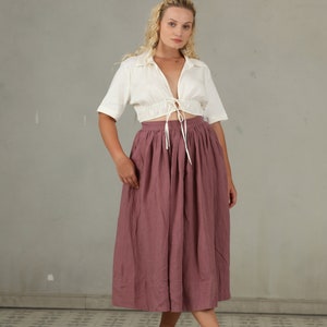 PLUS SIZE linen skirt in yellow and ashed lilac, linen skirt, a line skirt, retro skirt, midi skirt, flared skirt, 1950 skirt image 3