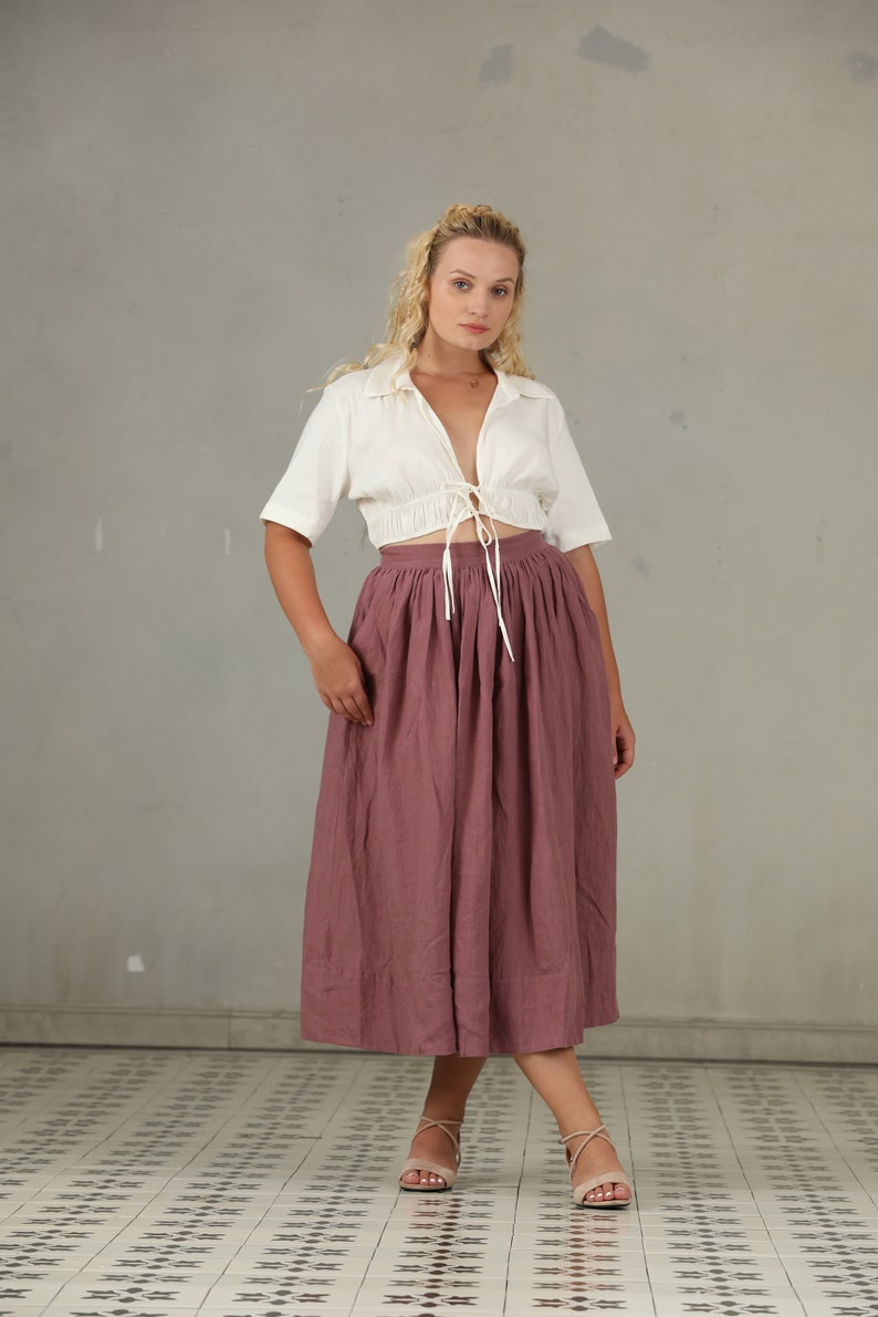 PLUS SIZE linen skirt in yellow and ashed lilac, linen skirt, a line skirt, retro skirt, midi skirt, flared skirt, 1950 skirt image 3