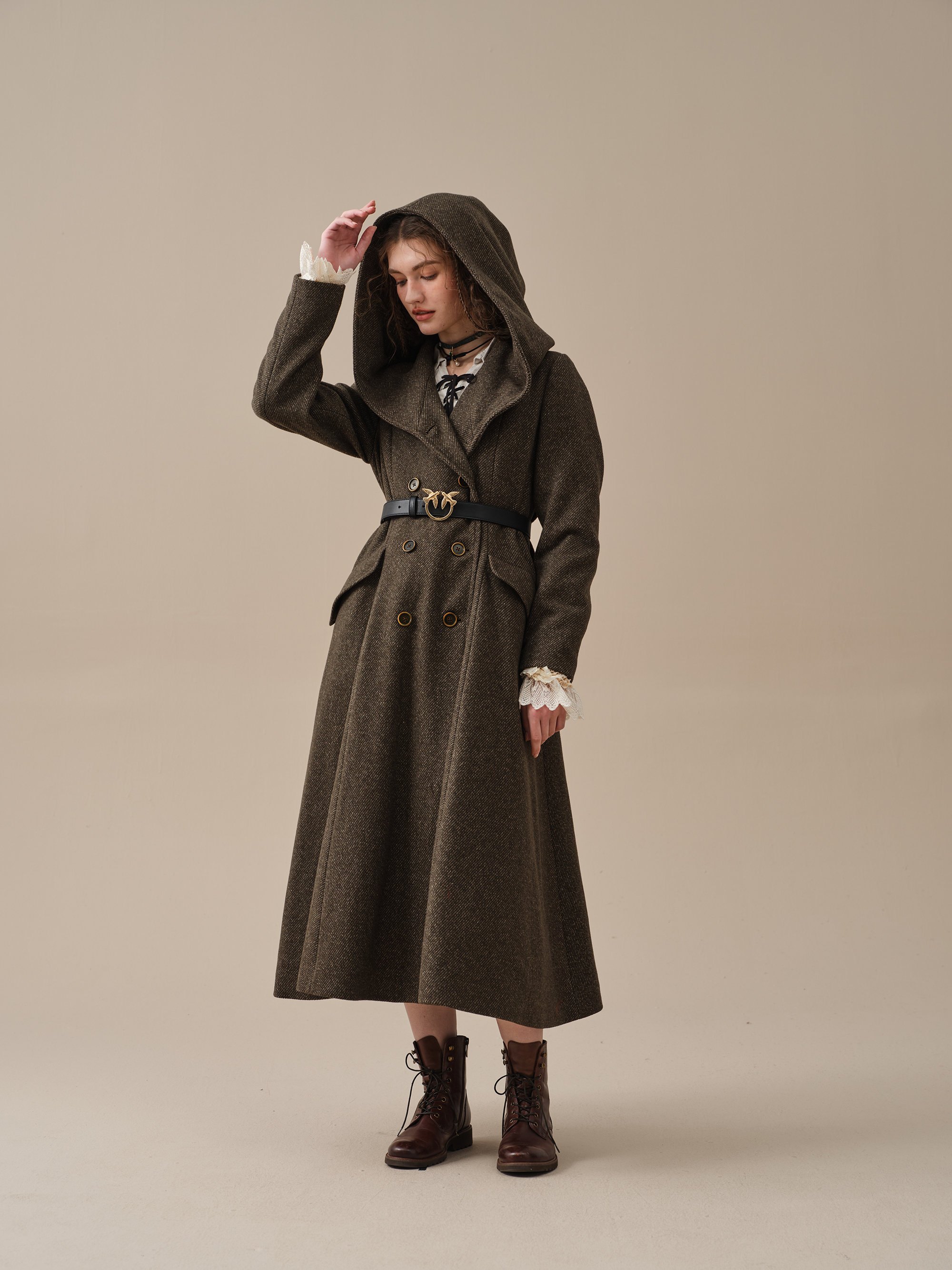 【VINTAGE】BIG HOODED LONG WOOL COAT 00s Winter Long Hooded Wool Princess Coat Women, Vintage