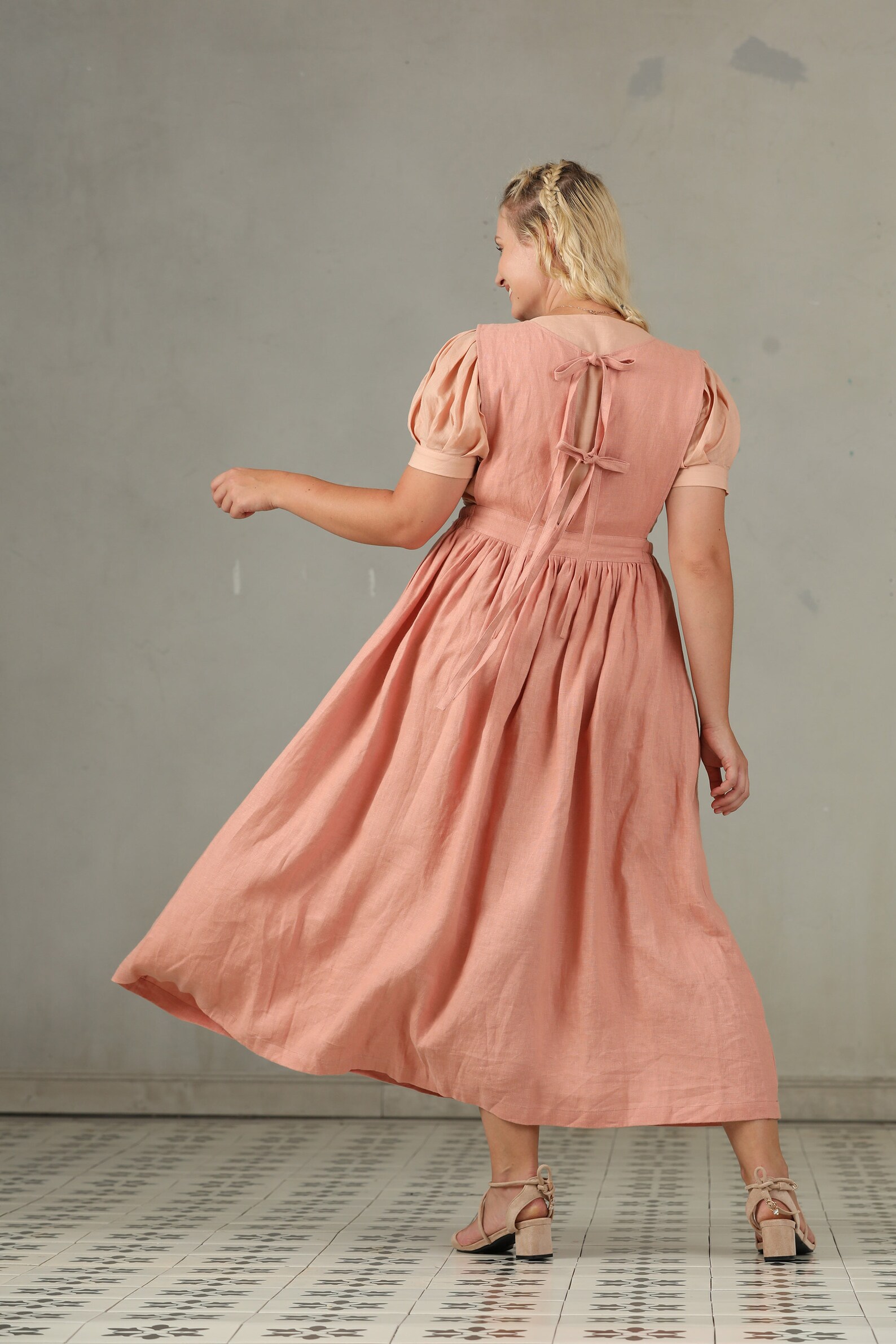 PLUS SIZE linen dress apron linen dress in pink pleated Etsy