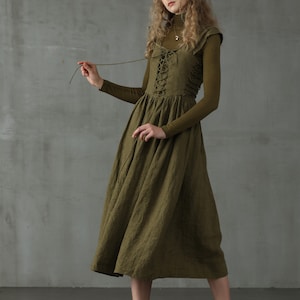 Corset Linen Dress in Dark Green, Front Lace-up Dress, Mid calf Dress, Cocktail Dress Linennaive image 7