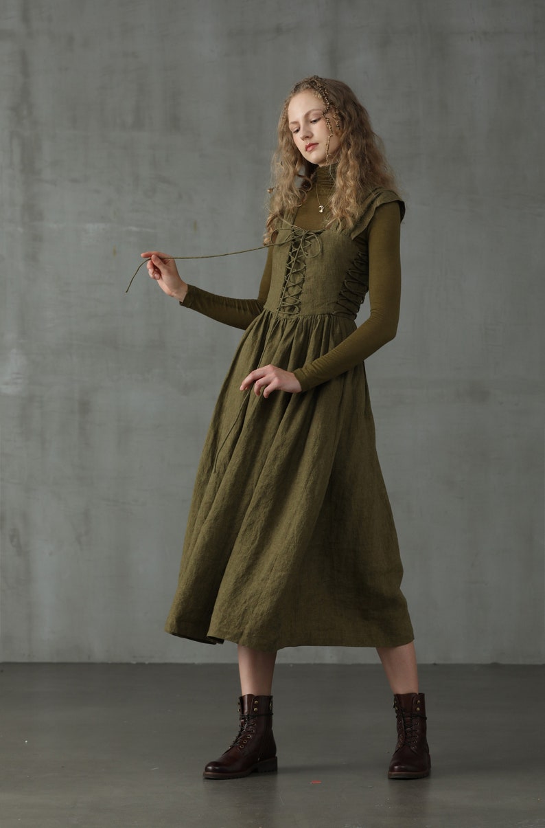 Corset Linen Dress in Dark Green, Front Lace-up Dress, Mid calf Dress, Cocktail Dress Linennaive image 7