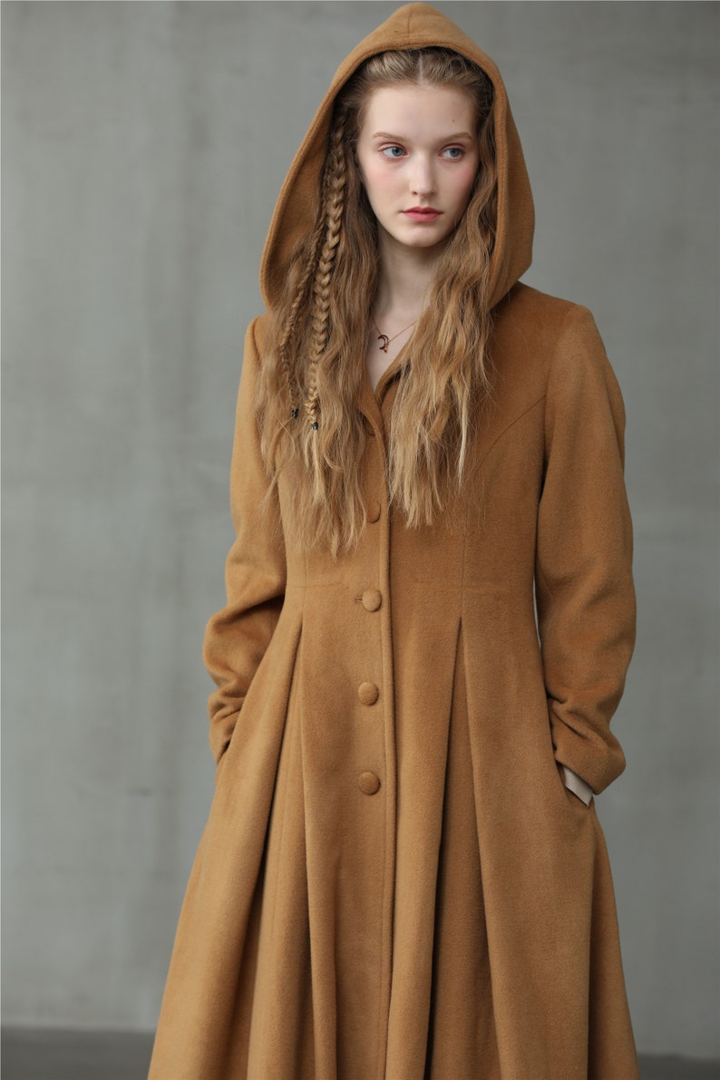 hooded maxi wool coat, retro hooded wool coat, maxi camel coat, wool coat, vintage coat, winter coat, fit and flare coat image 5