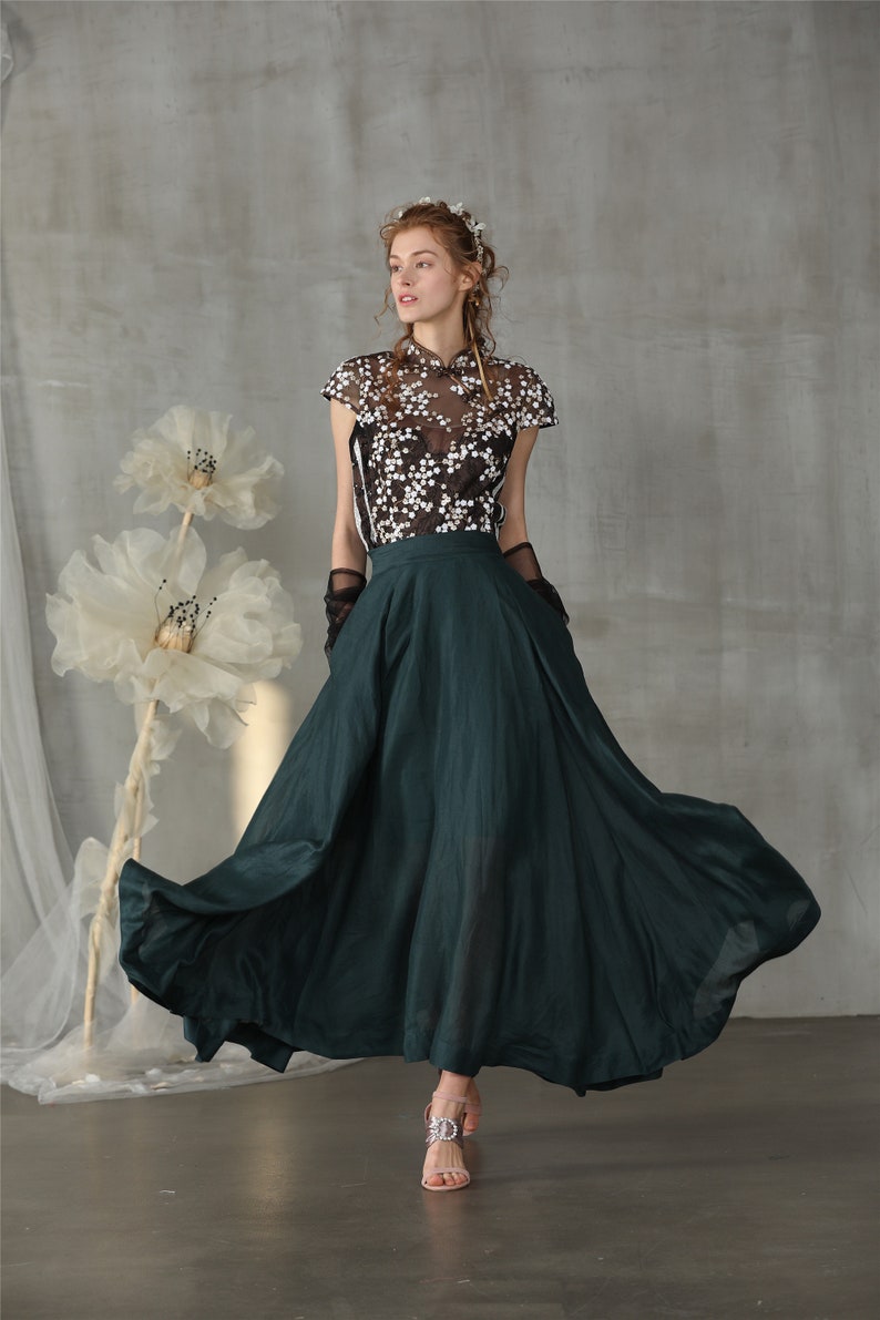 linen skirt, maxi skirt, teal green skirt, wedding skirt, bridal skirt, full skirt, long skirt, flared skirt, skater skirt Linennaive image 9
