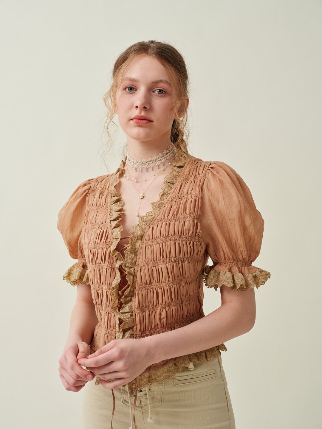 Charming Body Linen Blend Smocked Detail Frill Sleeve Blouse