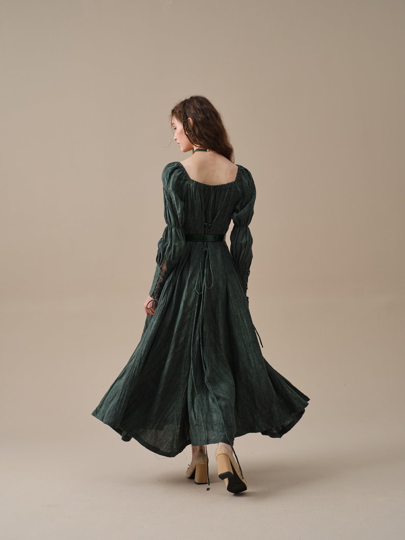 Corset Linen dress in Teal, regency dress, medieval linen dress, maxi linen dress, fit and flared dress Linennaive image 10