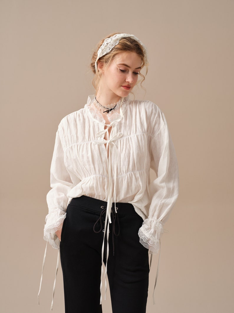 Lace up linen blouse, white linen blouse, ruffle blouse, victorian blouse, women blouse, long-sleeved shirt, oversized blouse Linennaive image 2