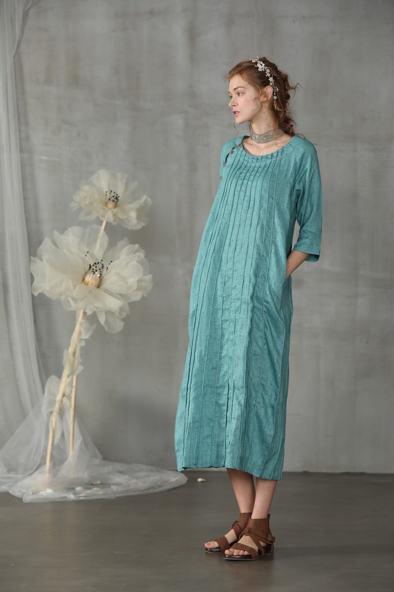 fall dress boho dress pintucked linen dress green dress midi dress Linennaive long dress