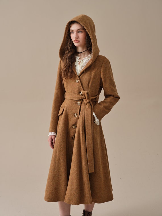 hooded wool coat in SandyBrown belted waisted 100 wool coat winter wool coat single breasted wool coat retro wool coat Linennaive