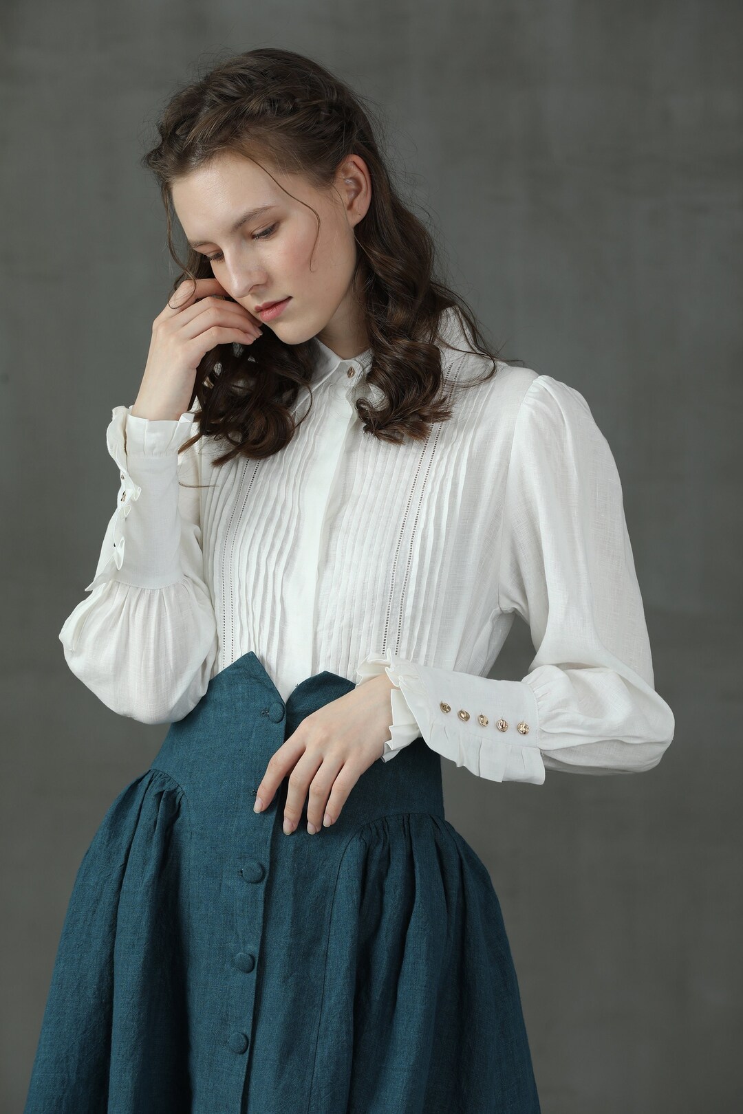 Accordion Pleated Linen Shirt, White Linen Shirt, Victorian Blouse