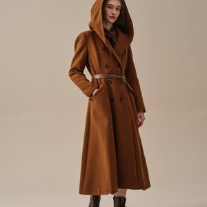 Retro hooded wool coat, Brown coat, maxi coat, elegant coat, winter coat, warm wool coat, wedding coat | Linennaive
