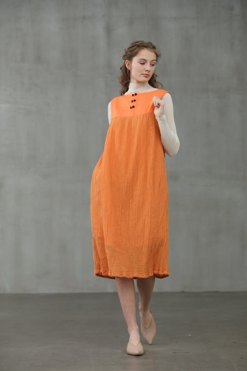 linen dress in orange, linen jumper, square sleeveless dress Linennaive image 8