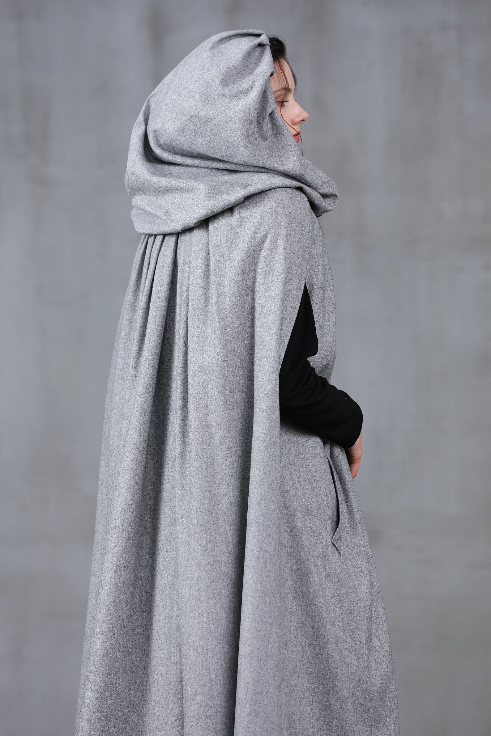 Wool coat in gray hooded wool cloak gray maxi cloak wool Etsy