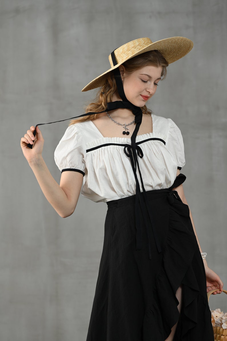 Wrap linen skirt in black, ruffled linen skirt, front-slit linen skirt, flared linen skirt, A line skirt Linennaive image 9