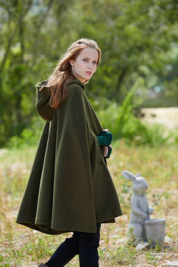 Green Hooded Wool Cape Coat Women Winter Wool Cloak Coat With Hood