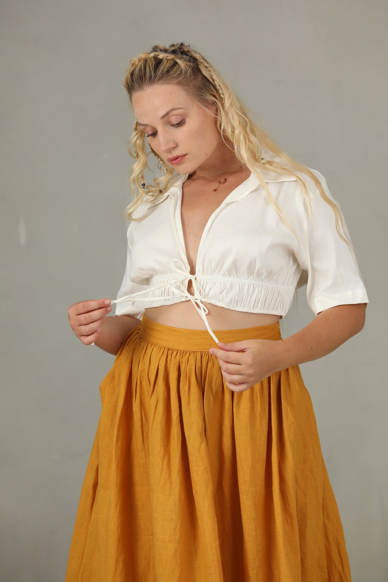 PLUS SIZE linen skirt in yellow and ashed lilac, linen skirt, a line skirt, retro skirt, midi skirt, flared skirt, 1950 skirt image 9