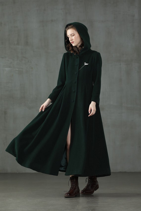 Hooded Maxi Wool Coat, Retro Hooded Wool Coat, Maxi Teal Hooded Maxi Wool Coat, Retro Hooded Wool Coat, Maxi Teal